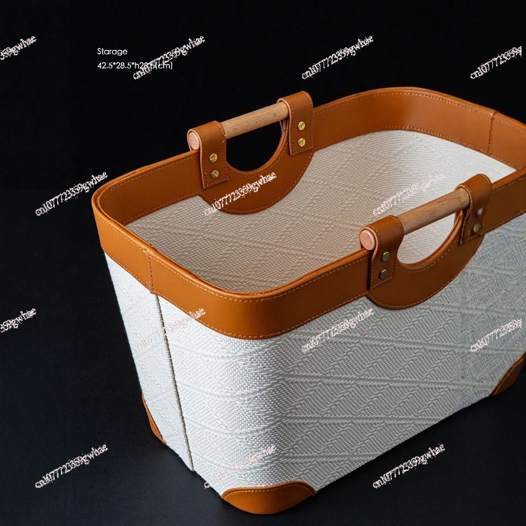 White pearl relief outer seam leather solid wood handle multi-purpose storage basket dirty clothes