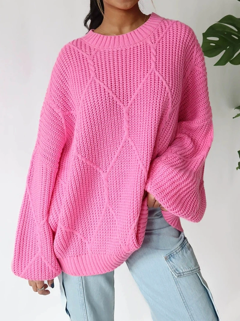 

Autumn and winter new round neck Fried Dough Twists diamond texture smooth loose solid pullover sweater women