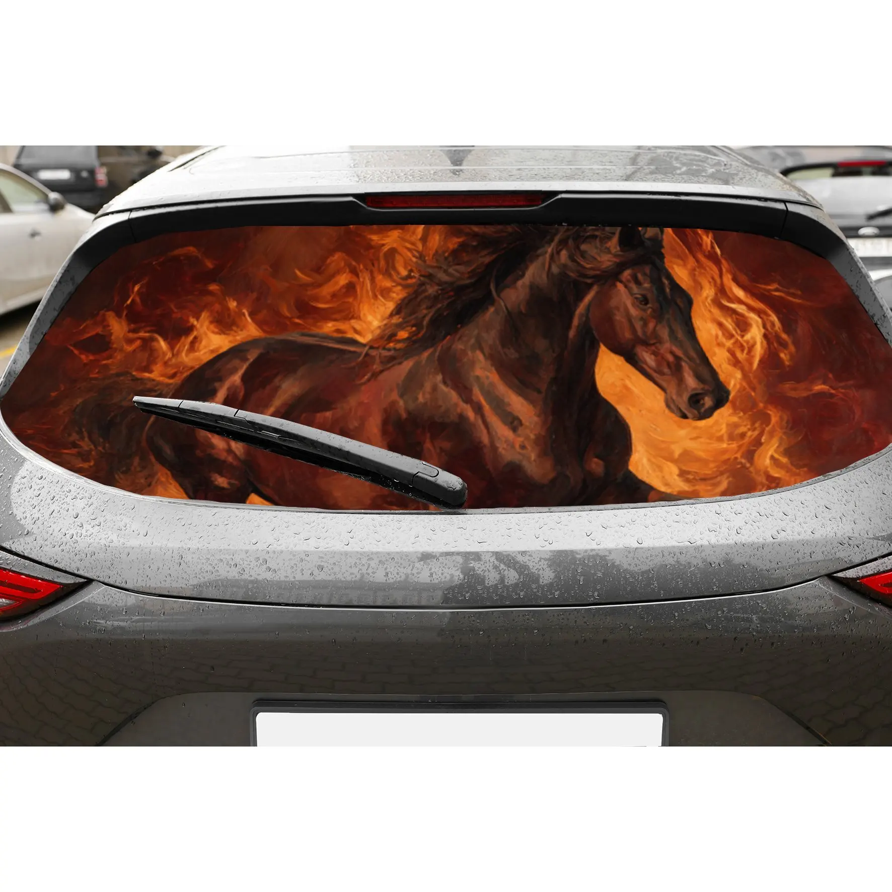 Brown Horse Galloping Amid Flames Car Rear Window Sticker, Anti-scratch Auto Protection Vinyl Wraps Decal, Waterproof Self-adhes