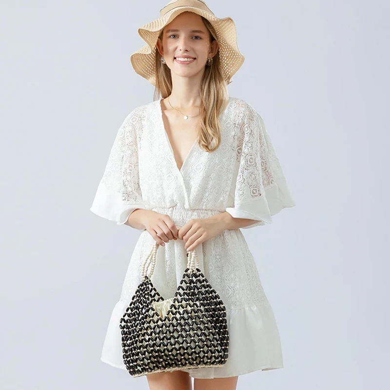 

Simple Casual Handwoven Wooden Bead Handbag New Retro Versatile Summer Vacation Handheld Women's Shoulder Bags Water Bucket Bag