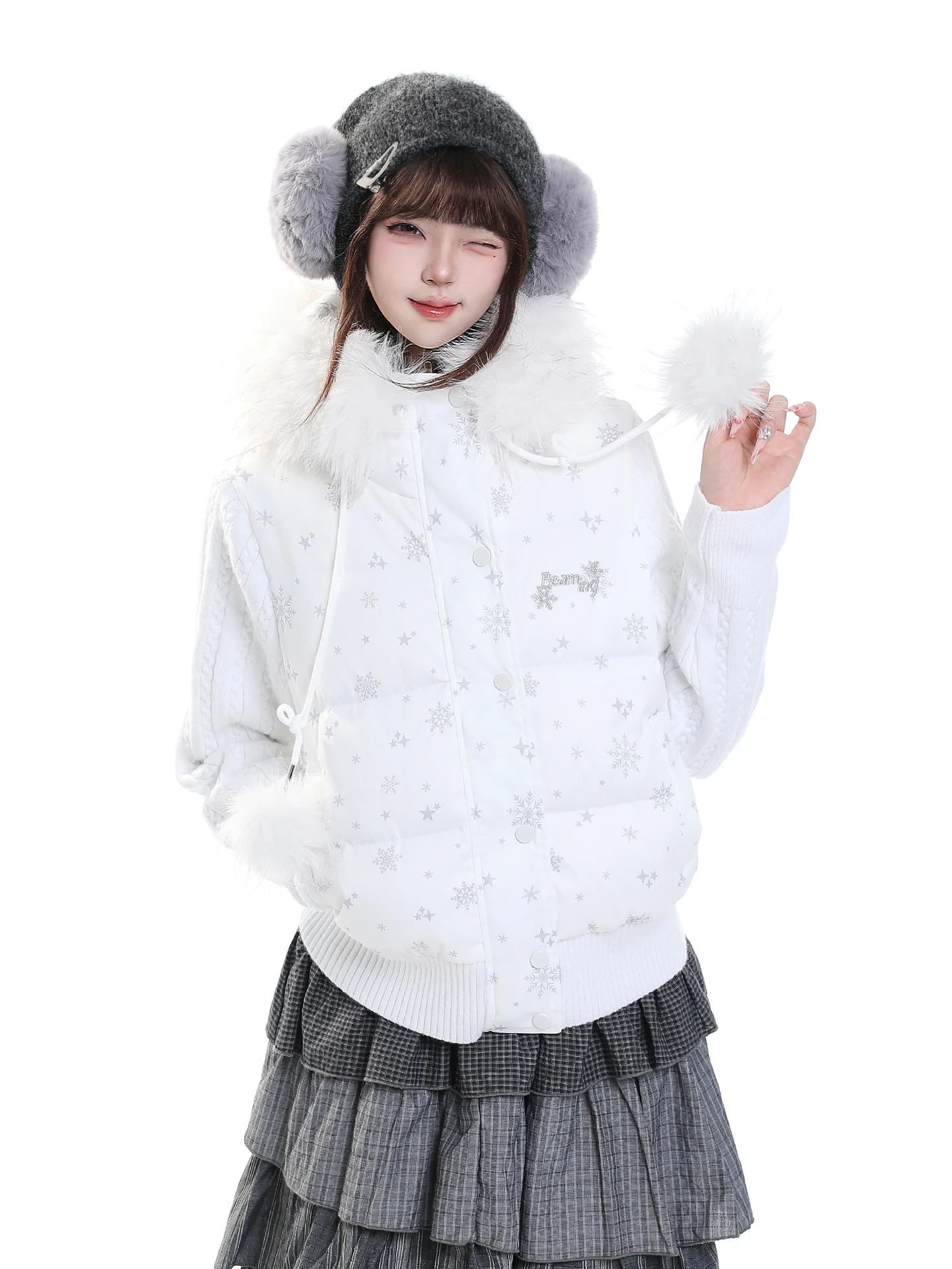 Cute Style Knitted Sweater Sleeve Patchwork down Jacket Women Winter Embroidery Casual Warm Fur Collar Short Cotton Coat
