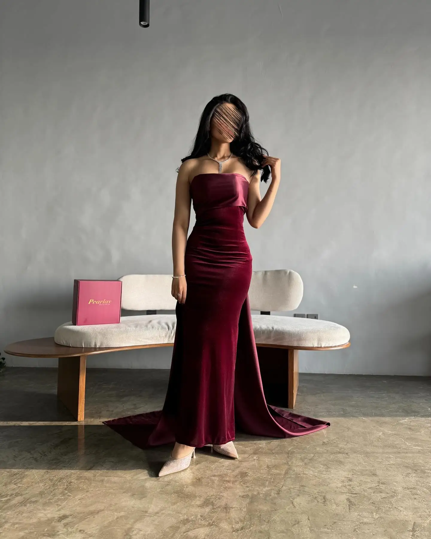 

Customized Jersey Straight Evening Dress Strapless Floor Length Sleeveless Panel Train Burgundy Fashion Vestidos de fiesta