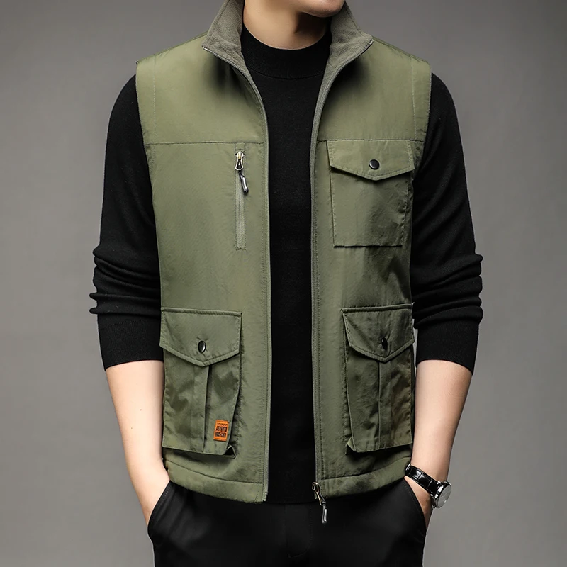 

Reversible Sleeveless Men's Vests Luxury Autumn Winter Solid Color Multi Pocket Stand Collar Zipper Man Outerwear Coats