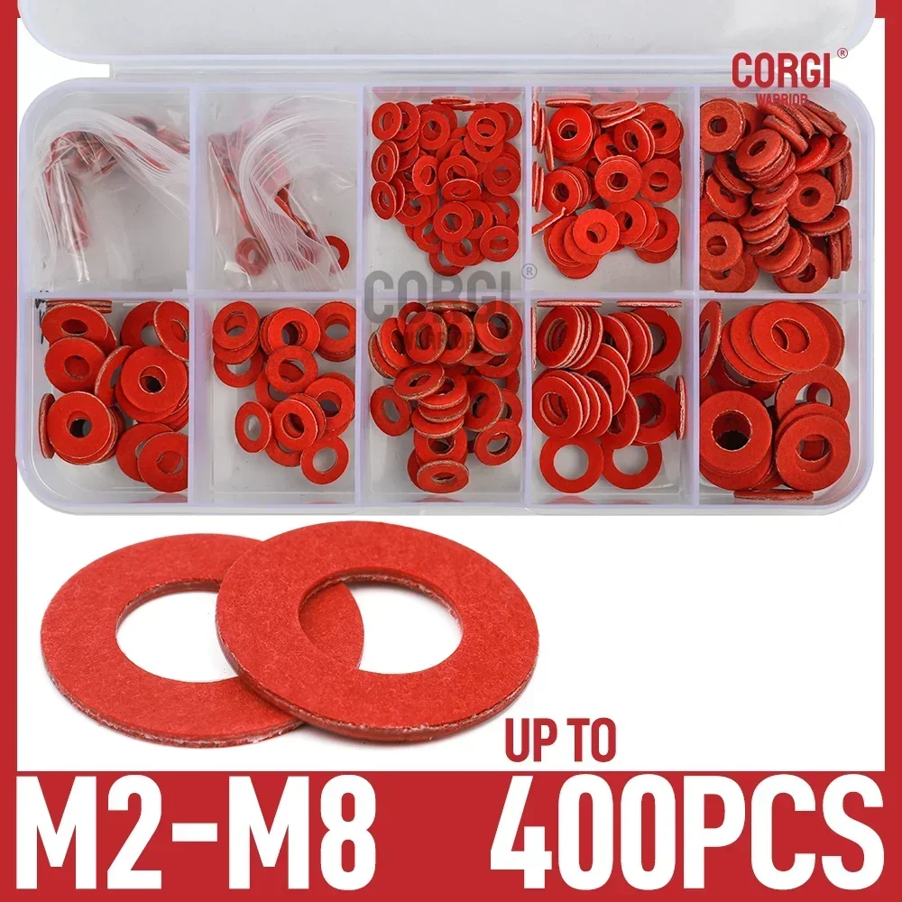 Up to 400 15 Sizes Red Steel Paper Washers Assorted Kit M2 M2.5 M3 M4 M5 M6 M8 Fiber Flat Insulation Sealing Washers Gaskets Set