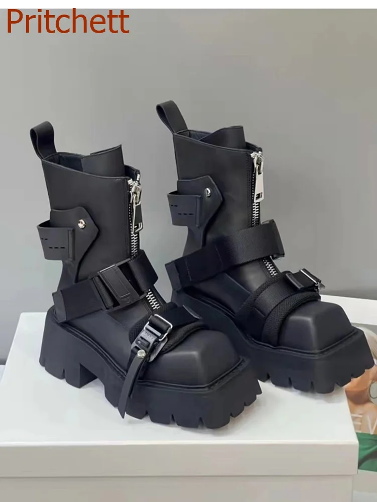 Botas de tacón cuadrado con punta cuadrada para mujer, zapatos cómodos informales a la moda, diseño de nicho de media pantorrilla, 2023