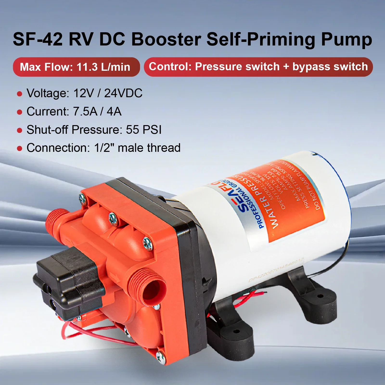 42 Series 12V 24V RV Diaphragm Water Pump 55 PSI High Pressure Self‑Priming 11.3 L/min Fresh Water Pump for Boat Camper
