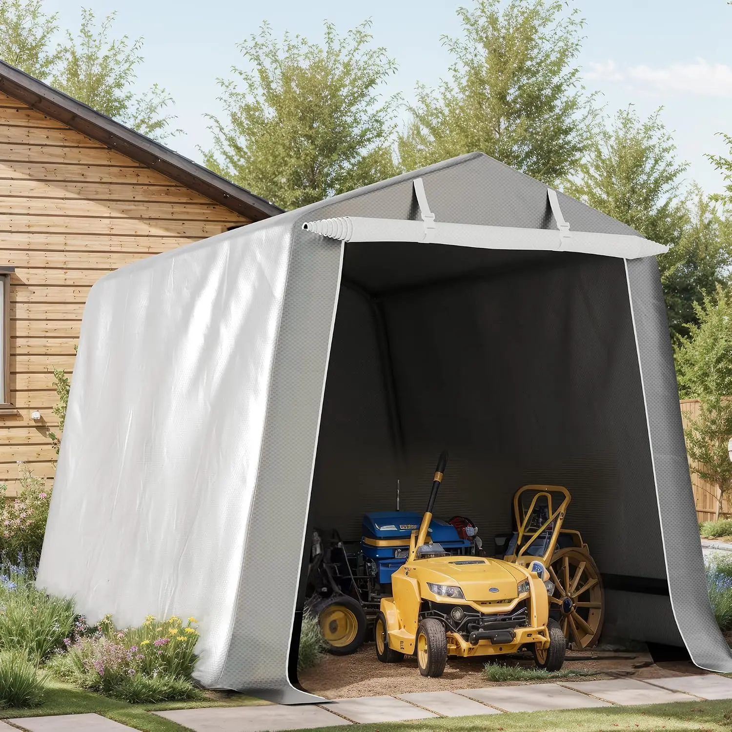 Carport, 6x6FT Carports Waterproof Outdoor Storage Shed Tent UV Resistant Canopy with Roll-Up Door Portable Garage Shelter for Motorcycle Bike Lawn Mower Tools, Grey