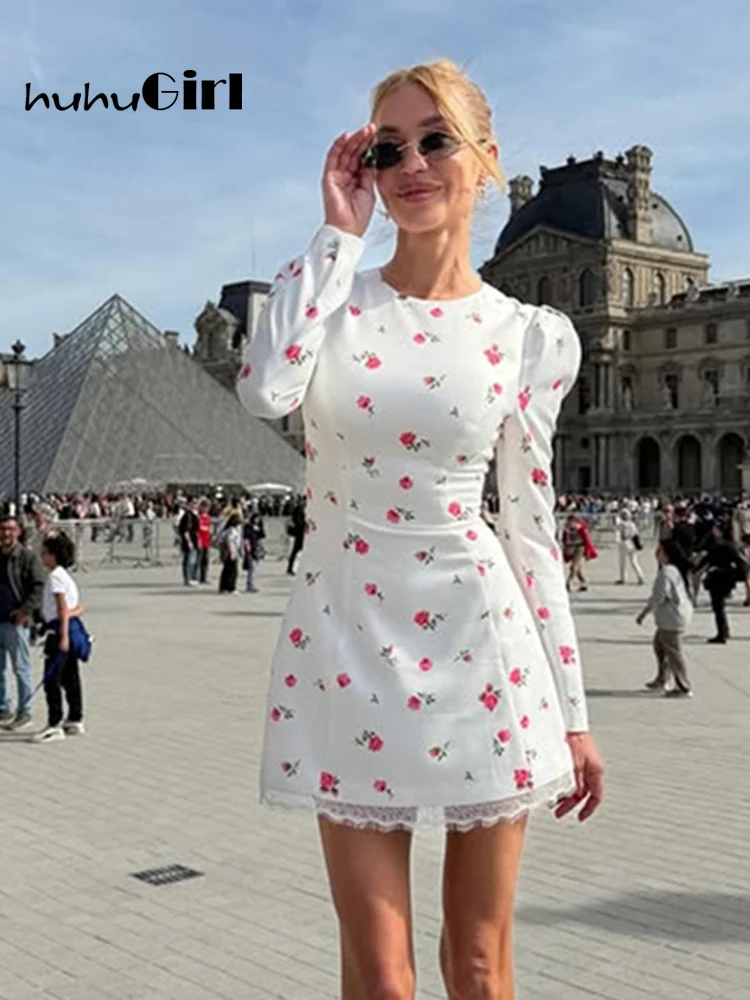 Huhugirl Bodycon Long Sleeves Printing Casual Elegant Fashion Sexy Chic O-Neck Soft Mini Dresses A-Line Backless Hollow Out Slim