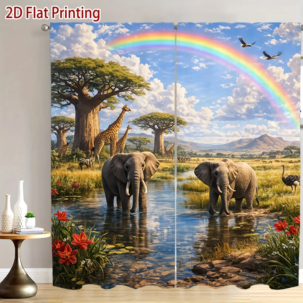 2pcs Safari Elephant Curtains African Wildlife Rainbow Landscape Drape Kids Room Decoration Nature Scenery Window Treatment
