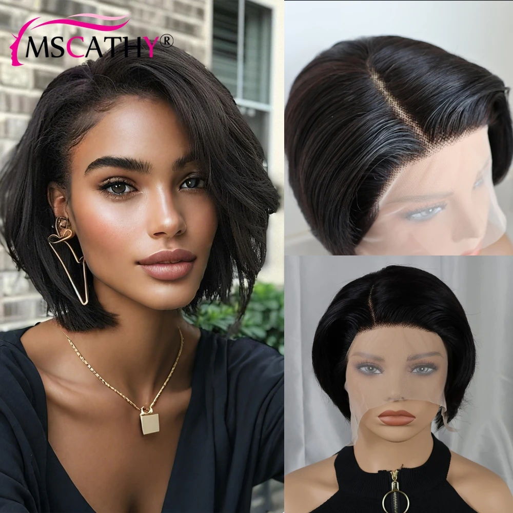 Short Bob Straight Remy Brazilian Human Hair L Lace Part Wig Preplucked Transparent Pixie Cut Side Part Lace Wigs For Women