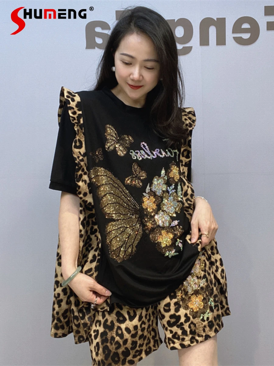 

Fashion Women's Clothes 2024 Summer Chiffon Suit Rhinestone Leopard Print Short Sleeve Shorts Women's Over Size Two-Piece Sets