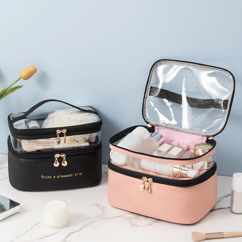 Borsa per trucco in PU trasparente a doppio strato Borsa da toilette multifunzionale da viaggio Custodia portatile Organizzatore con cerniera di grande capacità