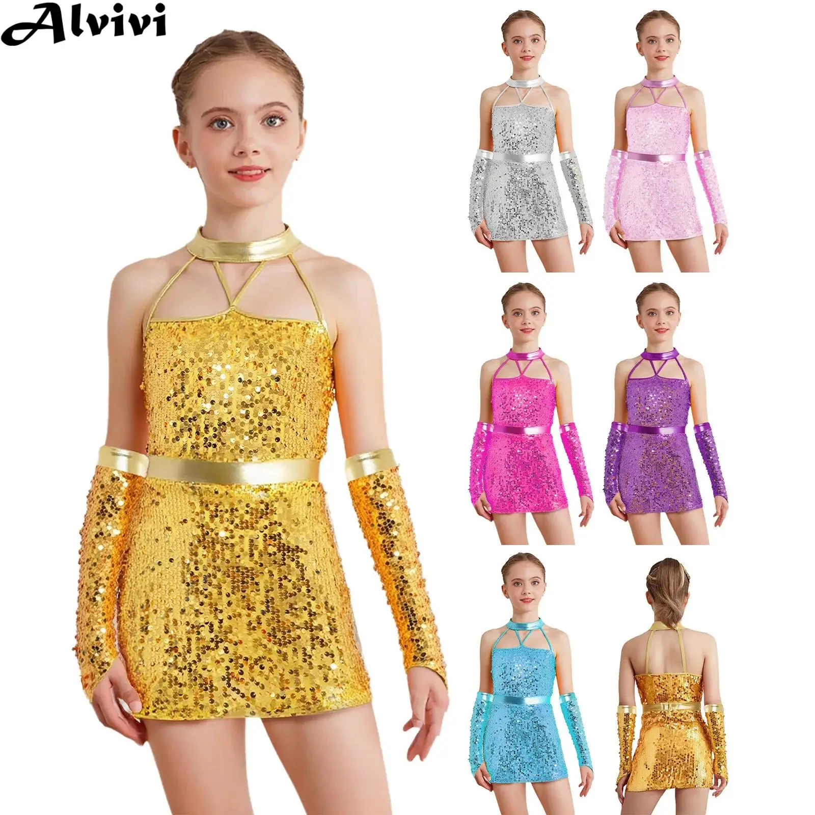 Kids Girls Hip Hop Jazz Dance Cheerleading Performance Costume Halter Sleeveless Zipper Sequins Dress Built in Shorts Dancewear