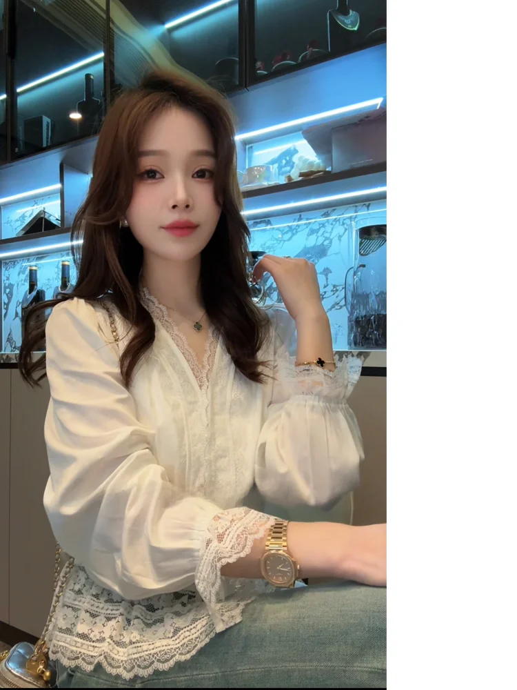 

Ele Lace Splice irt Тонкая весенняя шикарная блузка свободного покроя Long Sve V-Ne Pure Color 8052