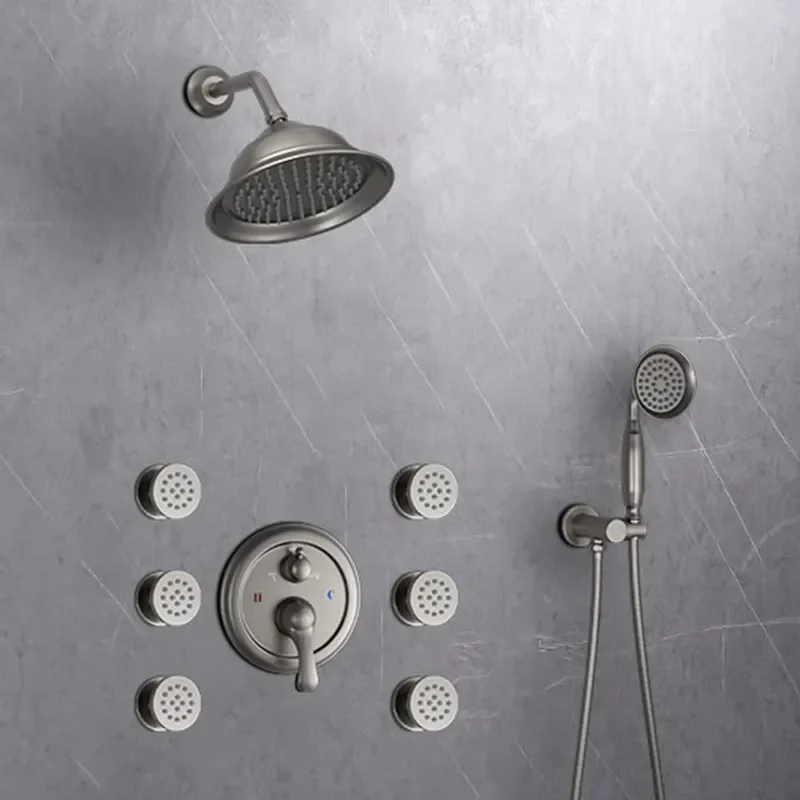 Modern 8-Inch Brushed Nickel Eco-Friendly Shower Faucet Set with 6 PCS Body Spray Jets Easy Installation & Bathroom