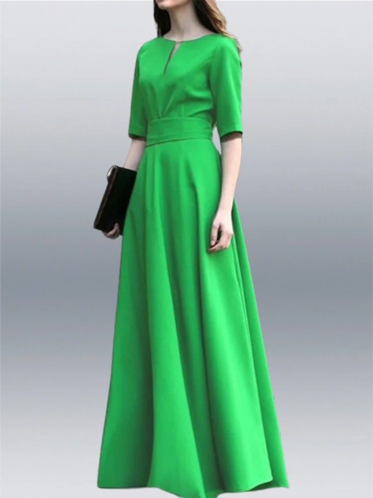 

Gymystar Elegant V-Neck Summer Maxi Dress 2025 Women Fashion High Waisted Half Sleeves Green Casual Female Solid Color Long Robe