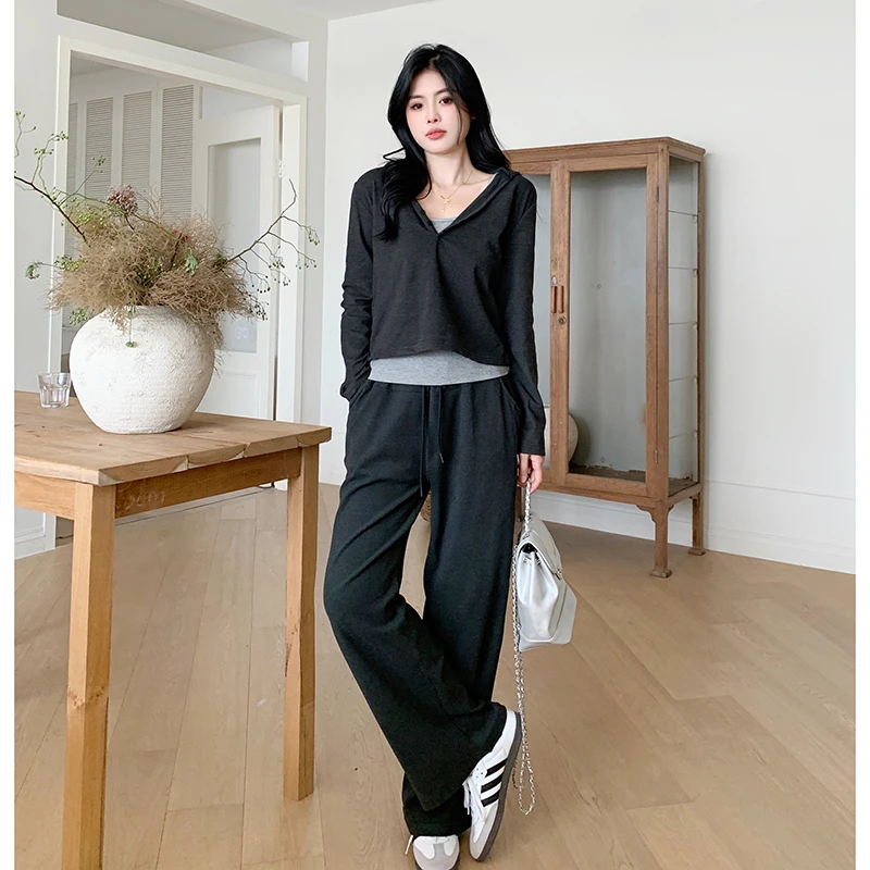 

Casual Three-piece Set For Women T-shirt Vest Tops And Wide Leg Pants Female Spring Autumn Large Size Cotton Slim Matching Suits