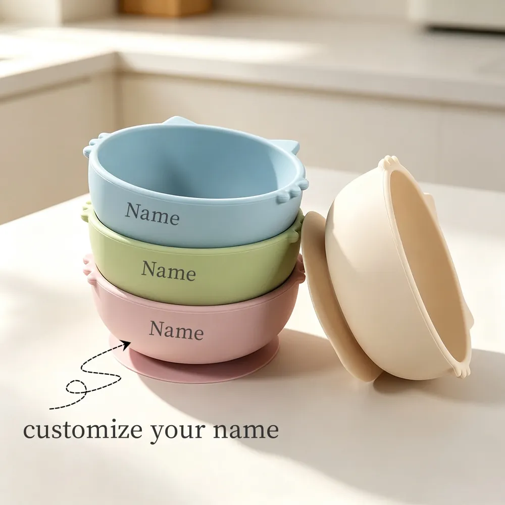 Custom Name Baby Food Bowl 300ML, Cute Cat  Shaped Silicone Suction Bowl Suction Base, Spill-Proof Weaning & Self Feeding T