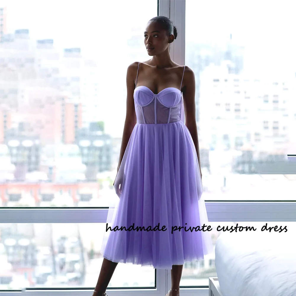 

Lavender Tulle A Line Fairy Party Prom Dresses Sweetheart Illusion Corset Homecoming Dress Tea Length Evening Party Gowns