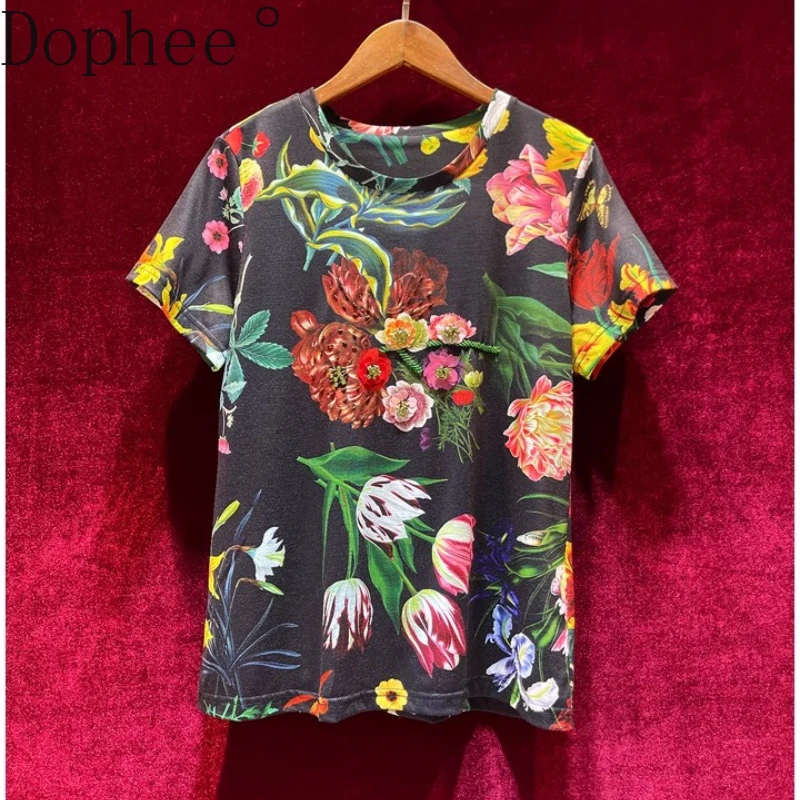 

Женская футболка с цветочным принтом в стиле ретро, новинка 2025, летняя мода, футболки с короткими рукавами и цветочным принтом, бриллианты, бусины, круглый вырез, повседневные хлопковые топы