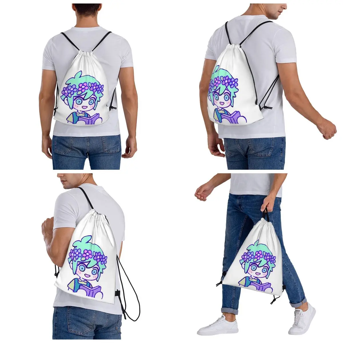 Cute Basil Omori Emote Backpacks Multi-function Drawstring Bundle Pocket Sports Bag Book Bags for Man Woman School