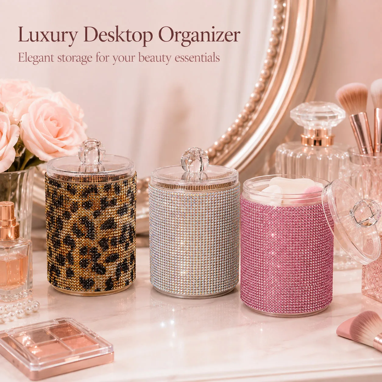 Luxury Diamond Cotton Swab Storage Box Portable Cotton Swabs Storage Case Desktop Lipstick Eyebrow Pencil Organizer Makeup Tools