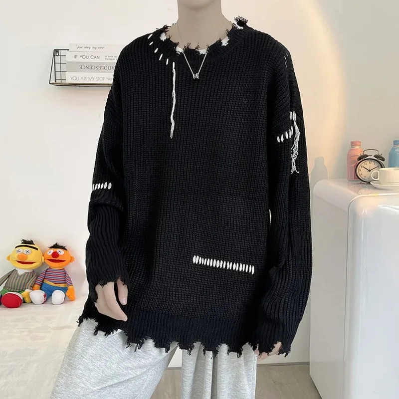Spring Autumn Ins High Street Ripped Sweater Men's Hole Loose Lazy Knitted Pullover Harajuku Version Trend Student Streetwear