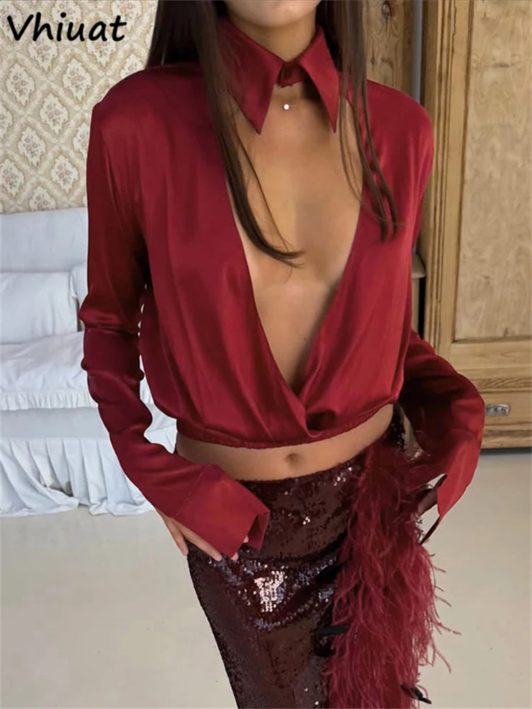 Vhiuat 2026 New Women Satin Chic Bow Tie Neck Long Sleeve Sexy T Shirt Sexy Club Y2K Clothes Fashion Deep Neck Crop Tops Female