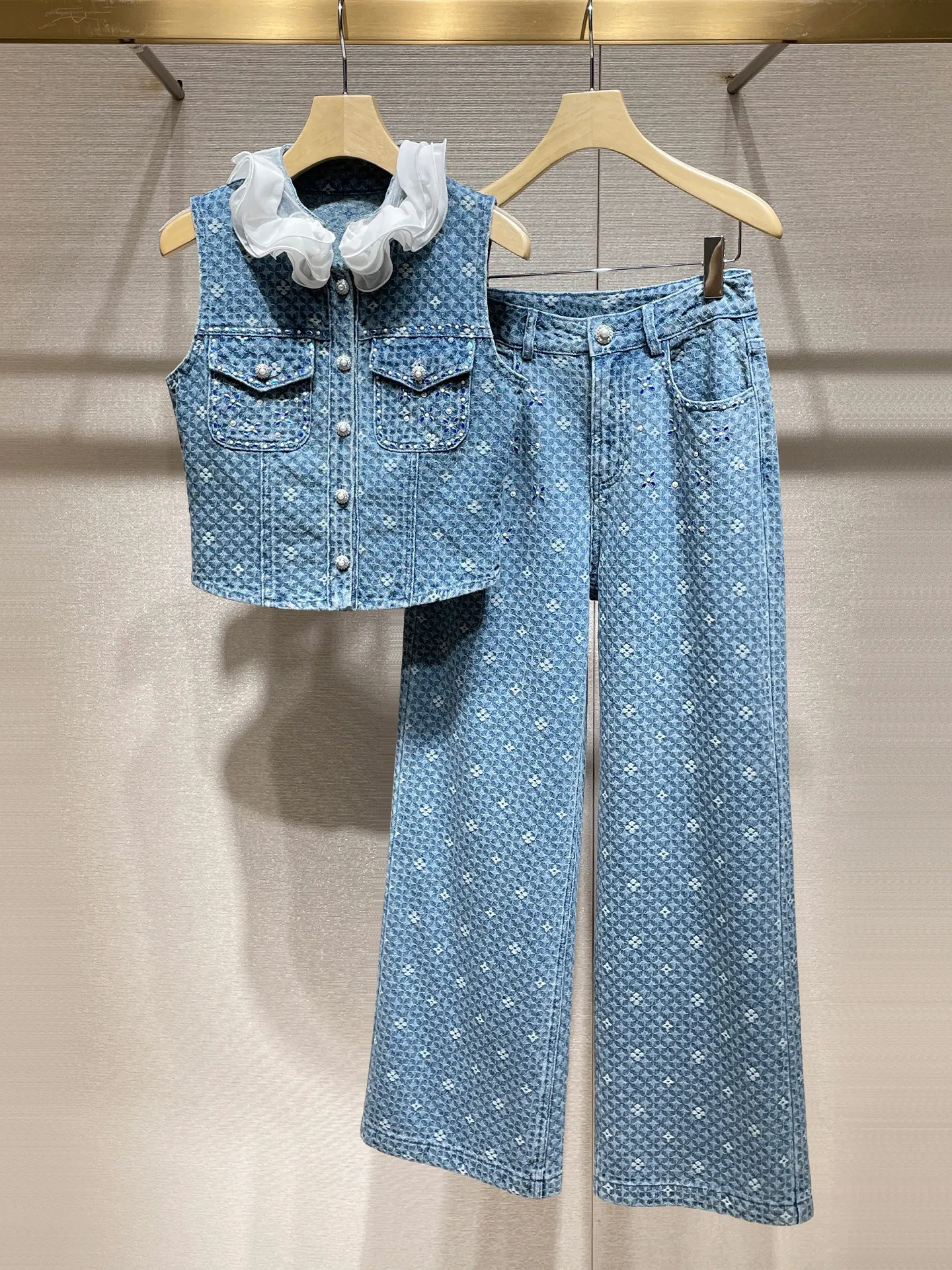 Summer sweet vibe lace collar vest jeans two-piece set