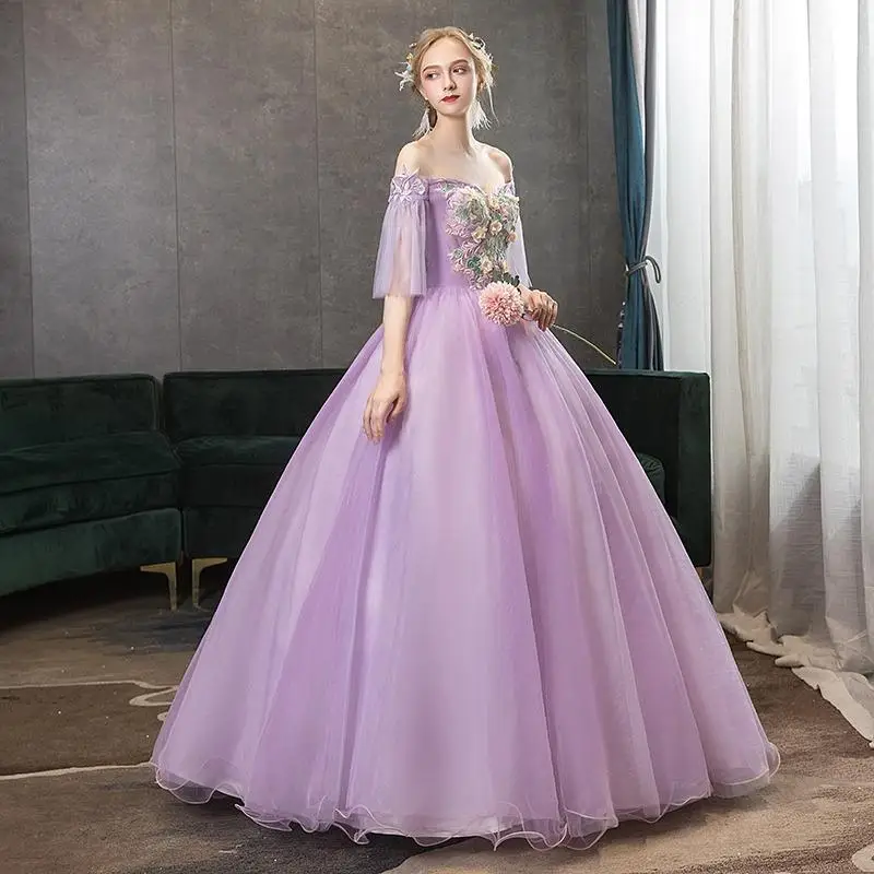 Purple Luxury Sleeved Evening Dress One Line Neck Fluffy Dress Evening Dress Long Prom Dress Birthday Party