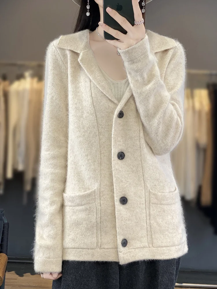 Women Lapel 100% Mink Cashmere Knit Cardigan Spring Winter New Polo Collar Shirt Loose Warm Jackets Blouses Casual Coats Sweater