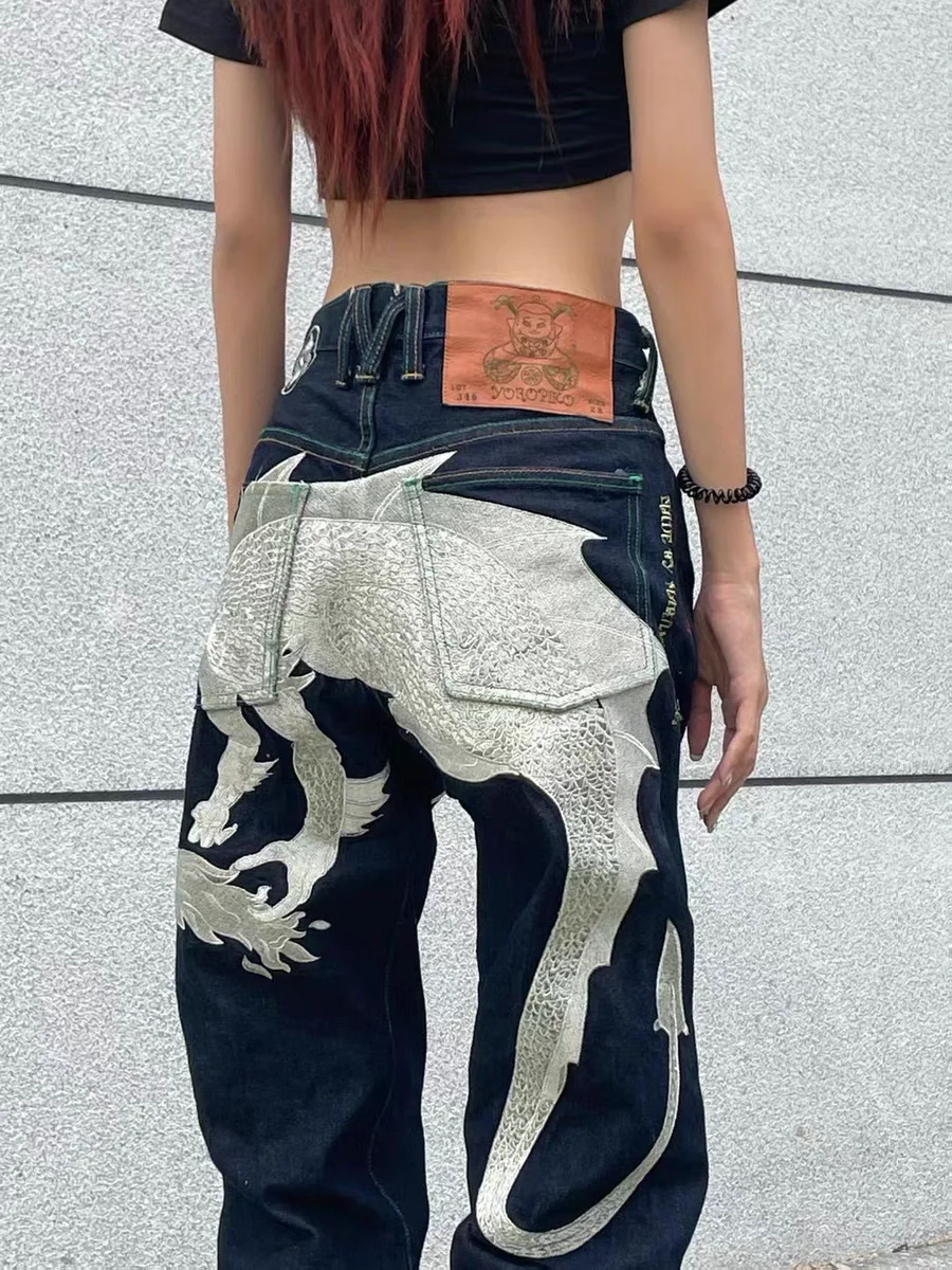 

Retro RMC Hip Hop Streetwear American Style Jeans Silver Dragon Embroidery Red Ear Gold Color 3D Embroidery Youth Casual Jeans