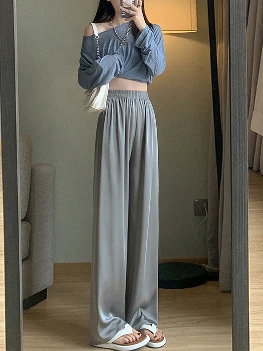 Ice Silk Satin Pants Women Fashion 2023 Casual  High Waist Satin Wide Leg Trousers Thin Summer Pants Floor Length Female Slacks