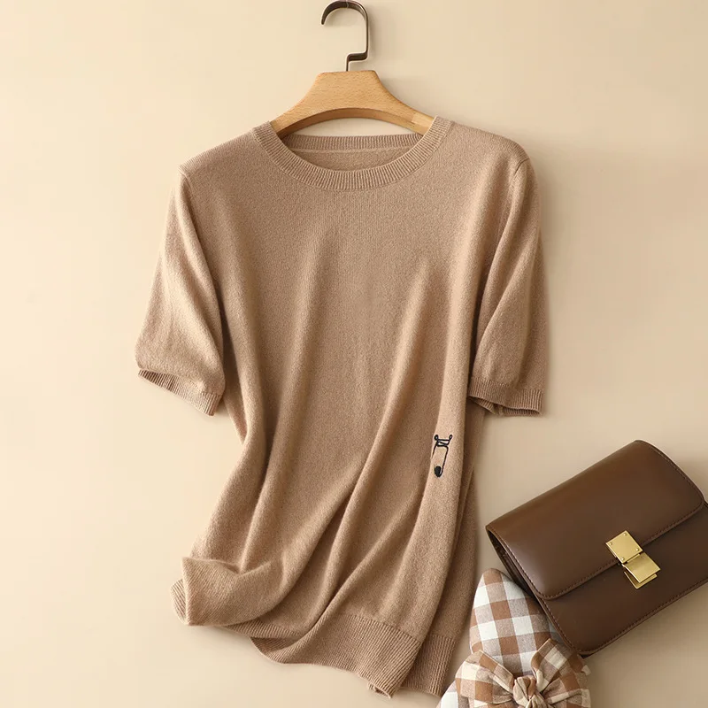 spring summer casual 100% cashmere embroidery short sleeve sweater