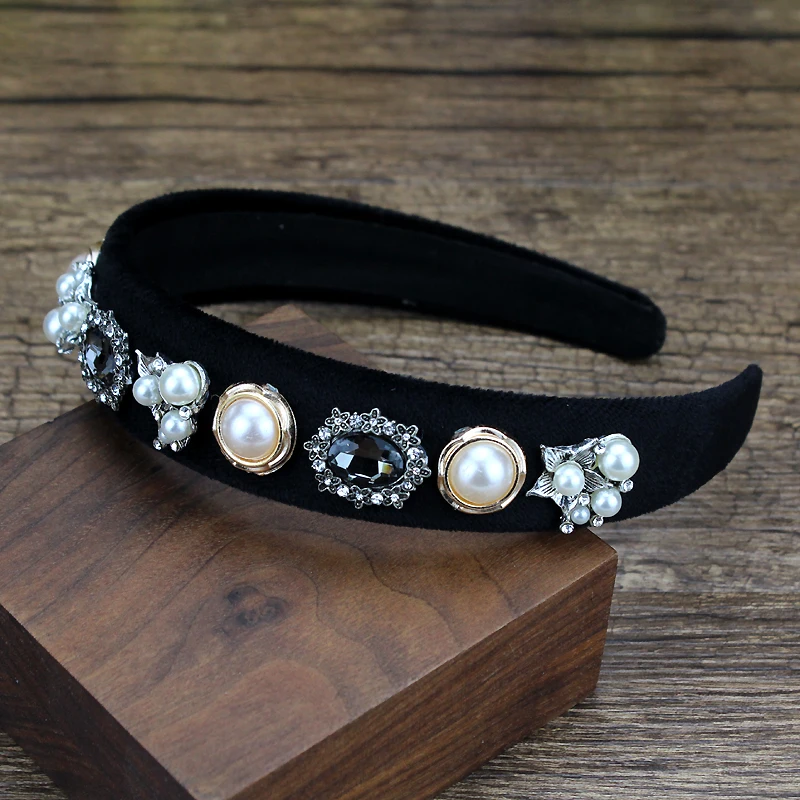 Handmade Navy Gray Crystal Vintage Headbands Pearl Elegant Hairbands For Girls Women Party Hair Accessories