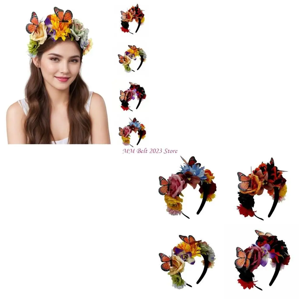 

49ME ободок для волос с этническими цветами для тематических вечеринок, обруч для волос с бабочкой, Мексиканский фестиваль, для