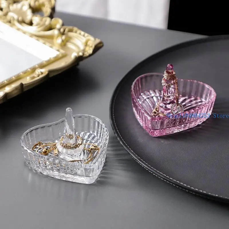 

652F Handmade Clear Glass Ring Holder Dish for Jewelry Decorative Heart Design Ring Tray Dresser Top Jewelry Holder for Girl