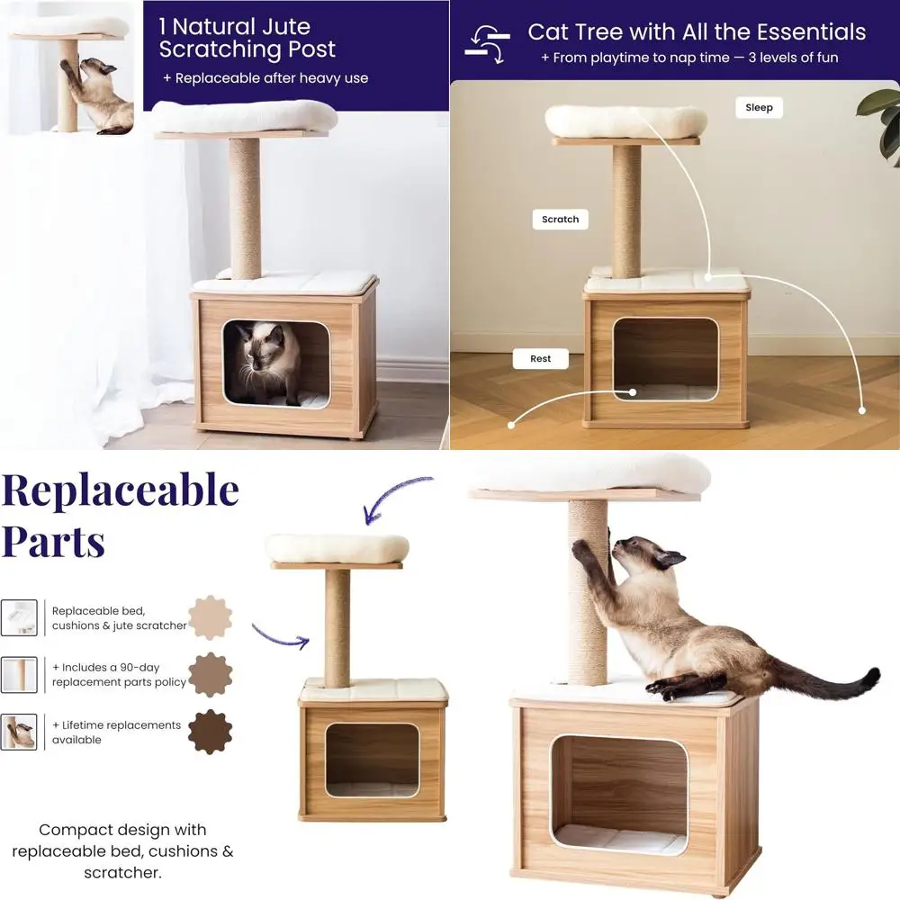 

29.7 High 3-Tier Laminated Wooden Cat Tower with Large Base, Padded Steps, and Jute Scratching Post for Small Cats, Easy Assembl