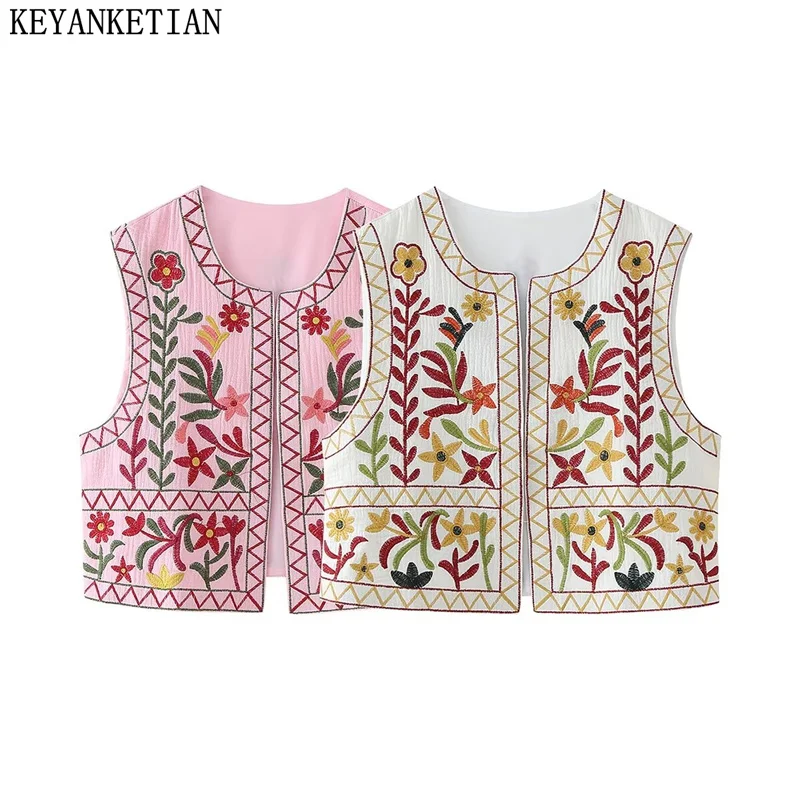 

KEYANKETIAN 2024 New Launch Pastoral style Floral embroidery Waistcoat Vest Women's O-Neck Sleeveless Holiday Crop Top Thin Coat