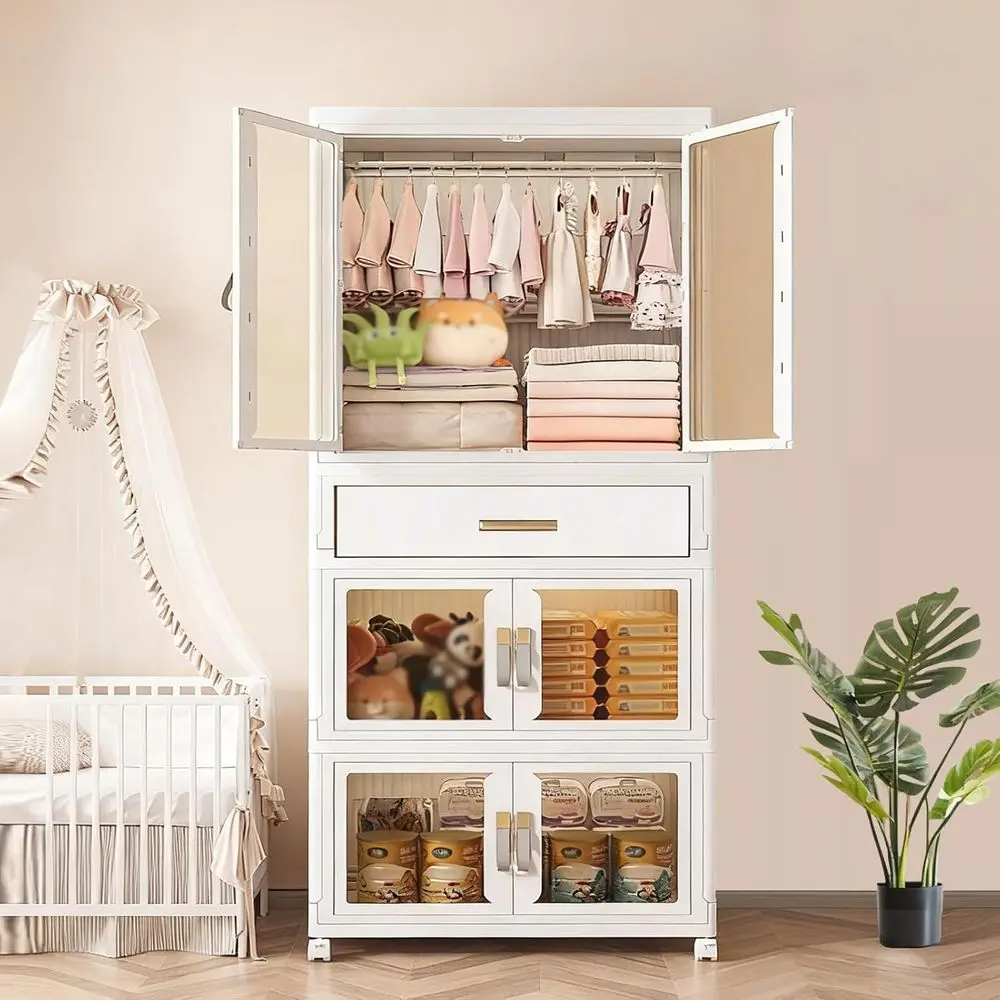 

Portable Kids Wardrobe, Plastic Closet Organizer with Hanging Rod, Collapsible Wardrobe Closet Storage Cabinet or Bedroom, Easy