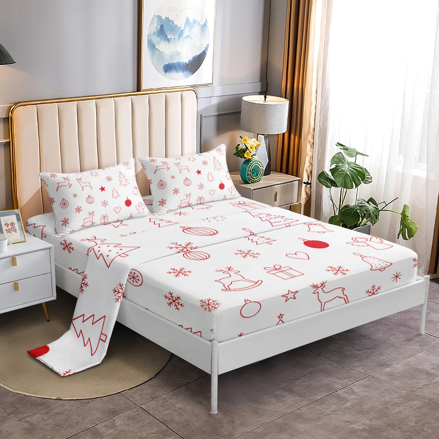 4Pcs Minimal Red Line Christmas Bedding Set, Reindeer Snowflake Xmas Tree Print Fitted Sheet Flat Sheet, For Family Bedrooms