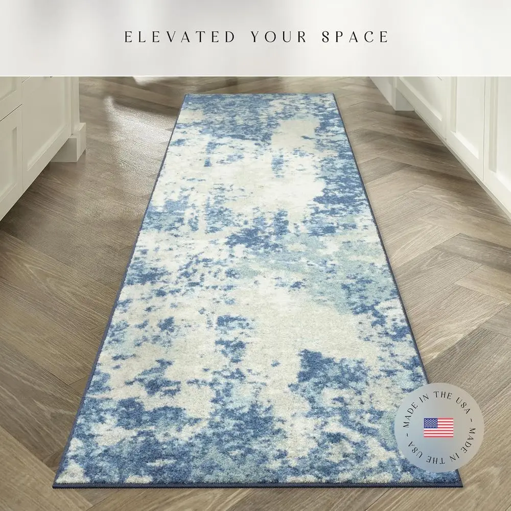 Contemporary Abstract Runner Rug - American-Made, Non-Slip Indoor Carpet for Corridor, Kitchen, Laundry, 2'6 x 10', Arctic Blue