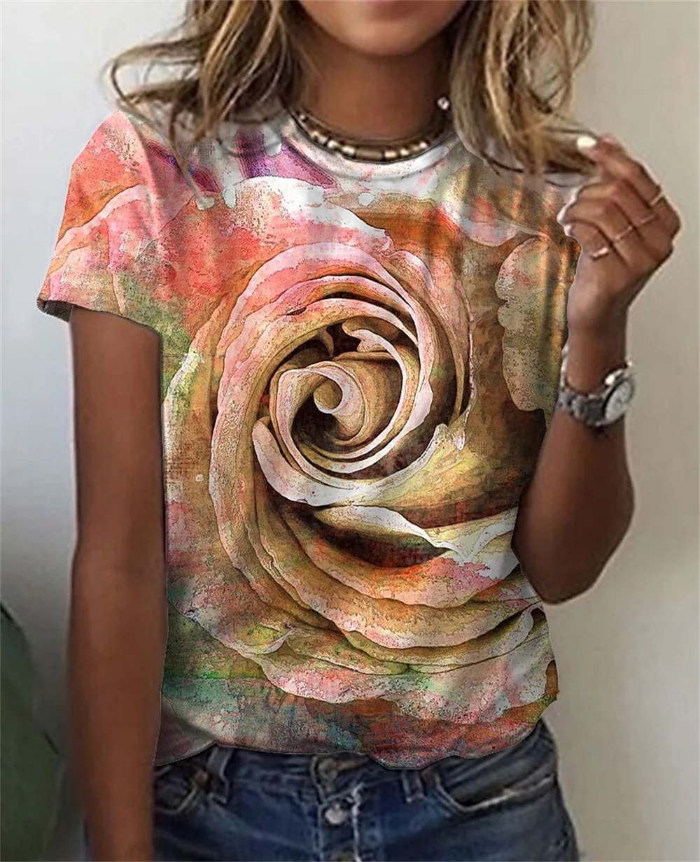 Blusa de manga corta con estampado de rosas en 3D para mujer, camisetas de talla grande, ropa Y2k, 2023