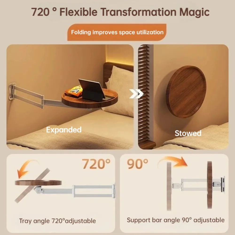 طاولة قهوة قابلة للطي، طاولة مستديرة صغيرة، غرفة نوم المنزل، رف تخزين مثبت على الحائط بجانب السرير، طاولات بحافة عائمة إبداعية معلقة