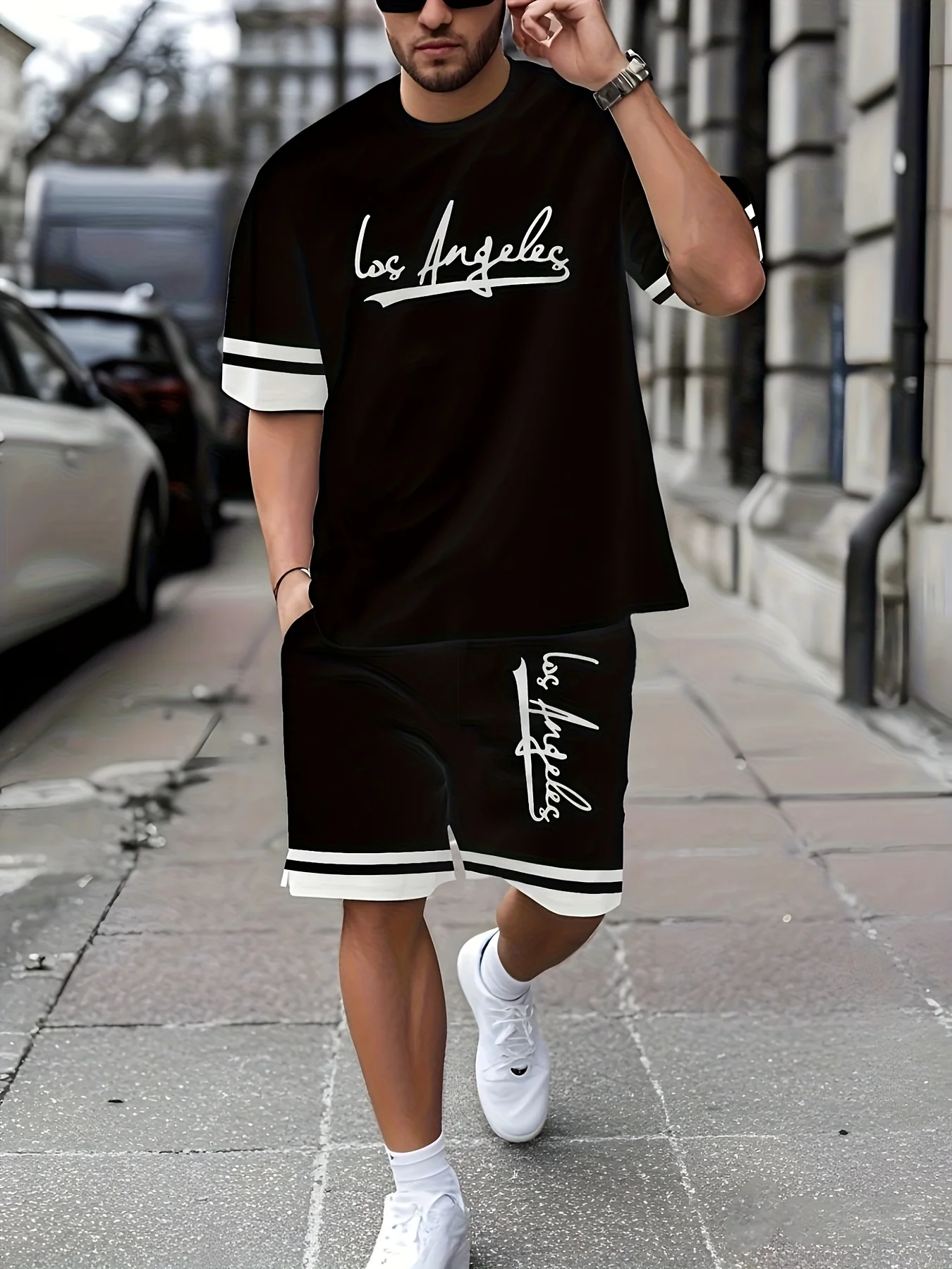 

Новая мужская модная полосатая дышащая и удобная футболка с круглым вырезом и шортами с буквенным принтом для повседневной одежды на открытом воздухе