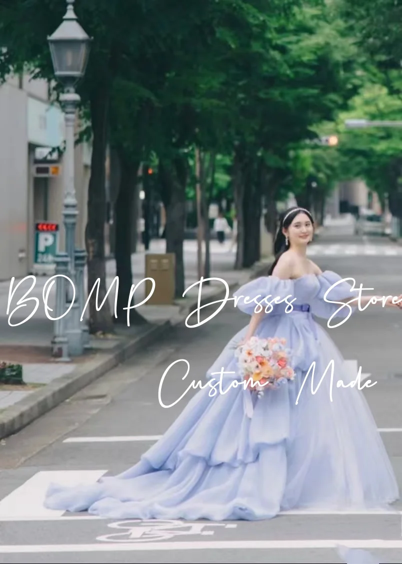 BOMP 프린세스 블루 웨딩 드레스 오프 숄더 다층 스윕 트레인 드레이프 Organza 한국 사진 촬영 신부 가운 맞춤형
