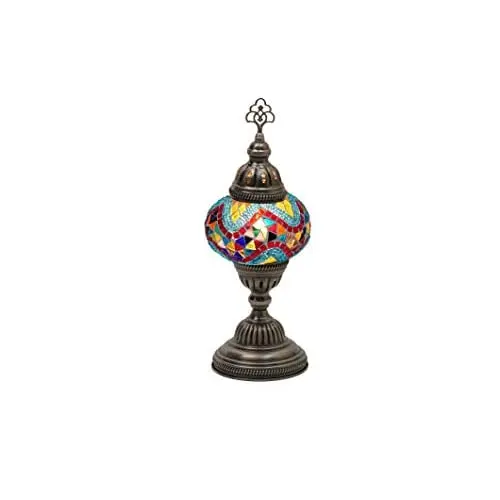 LaModaHome English Moroccan Handmade Mosaic Glass Table Lamp Light with Decorative Dark Copper Fixture for Bedroom, Livingroom a