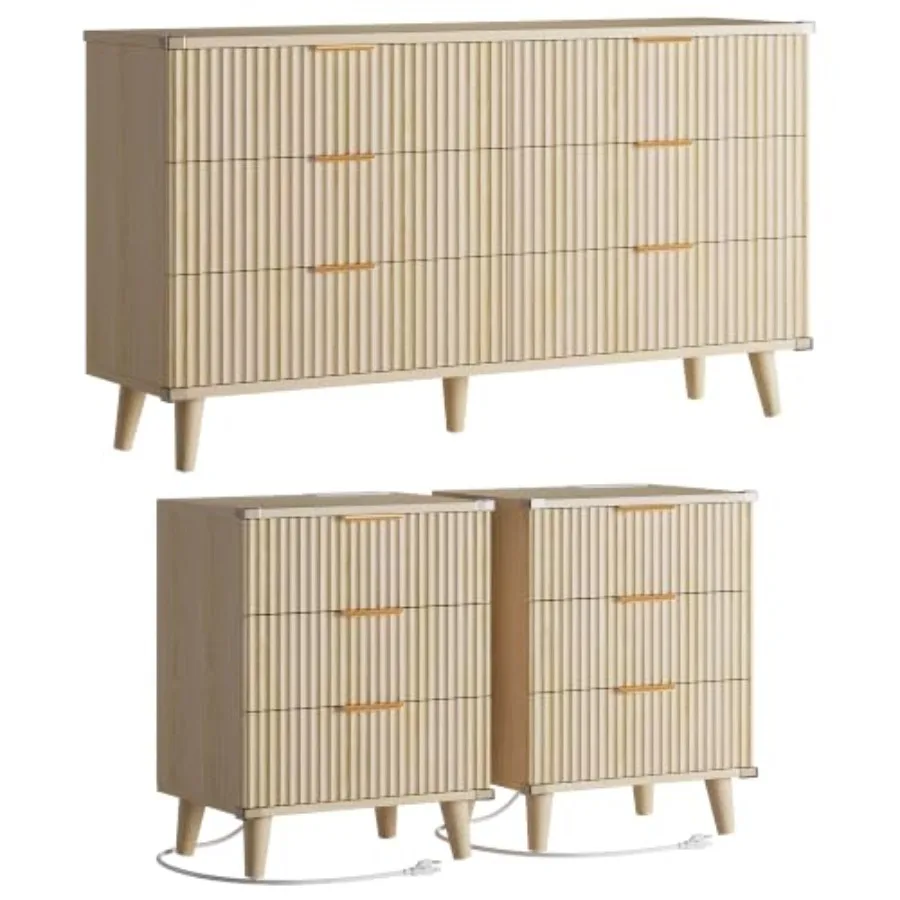 Modern Dresser and Nightstand Sets 3-Piece, 2 Nightstands 6-Drawer Dresser