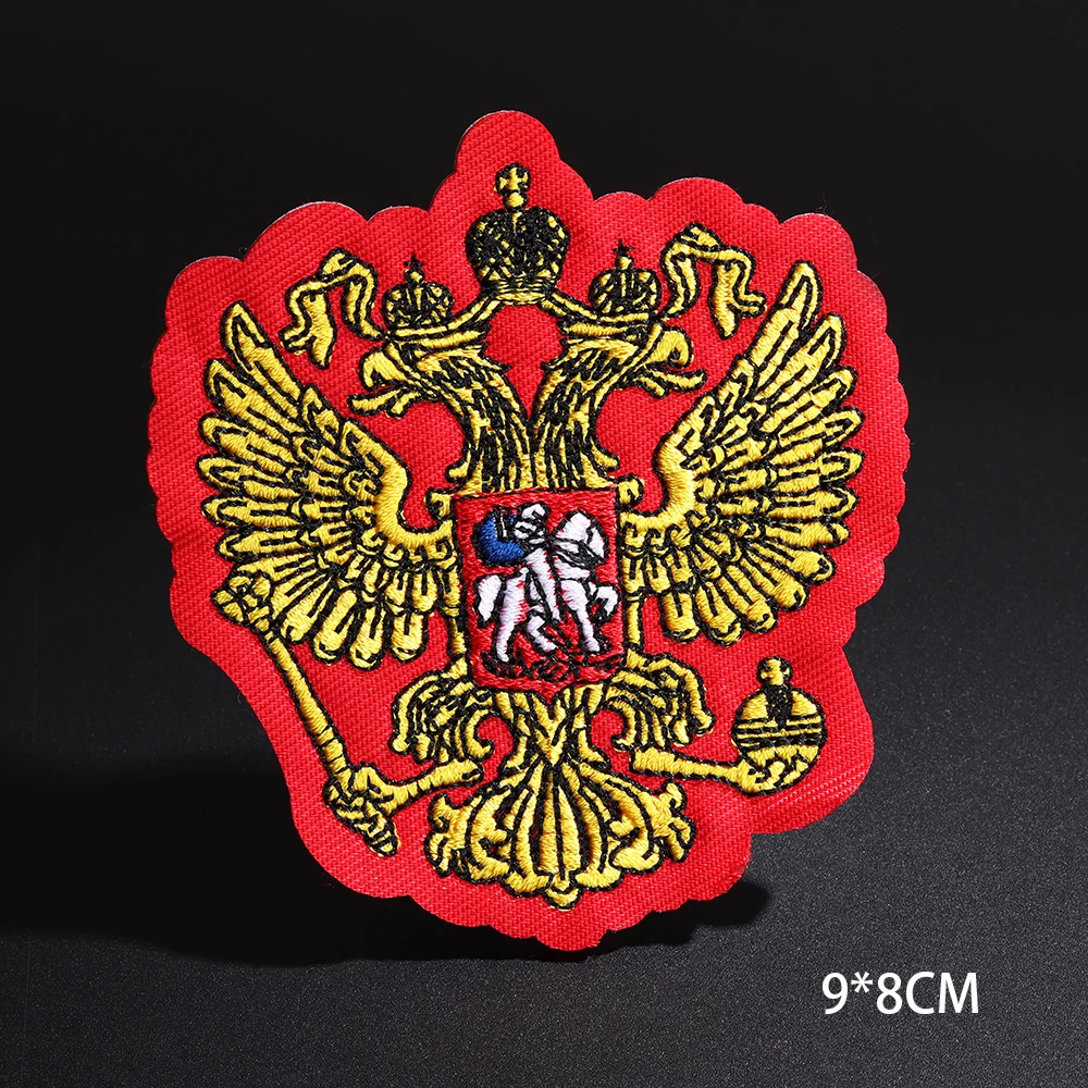 Size: 9 * 8CM Gold Russia National Flag National Emblem Patches Iron On Thin Coat Eagle Embroidery Clothing Accessories