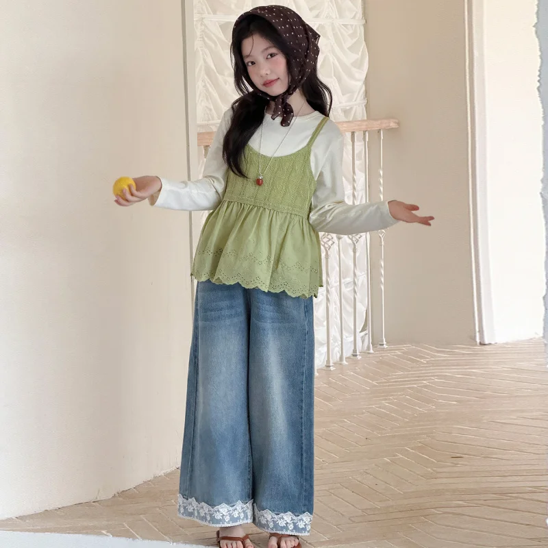 

Girls' Korean-style outfit2026Early spring new arrivals: stylish and fashionable lace camisole for older children with lace-trim